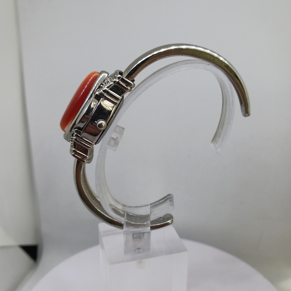WORKS Vintage Quartz Watch Cuff Bracelet Stainless Steel Carnelian Stone Jewelry - Picture 5 of 5